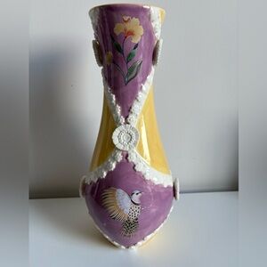 Anthropologie Vase Hand Painted Bird and Flowers